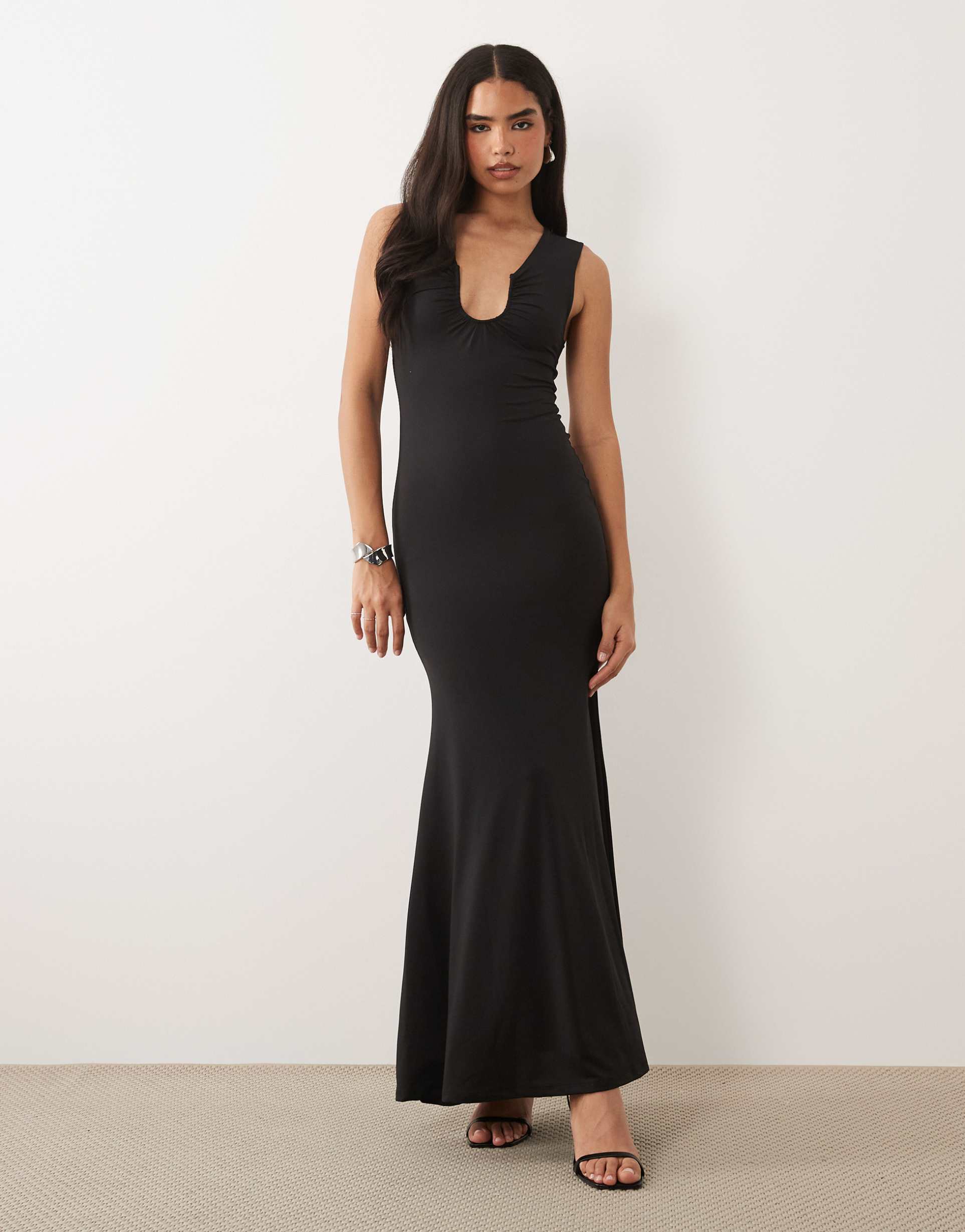 asos design hardware detail scoop neck sleeveless maxi fishtail dress in black