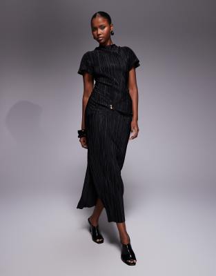 Asos Design Hardware Plissé Twist Detail Midi Dress In Black