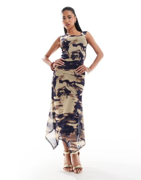 ASOS DESIGN hardware trim mesh handkerchief hem midi dress in brush stroke print - view 1