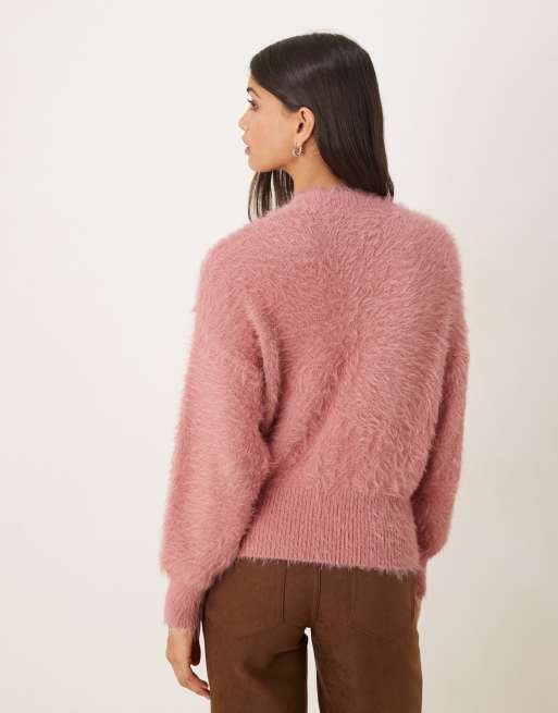 ASOS DESIGN - Harig gebreide getailleerde trui met ronde hals in roze, 3 van 4