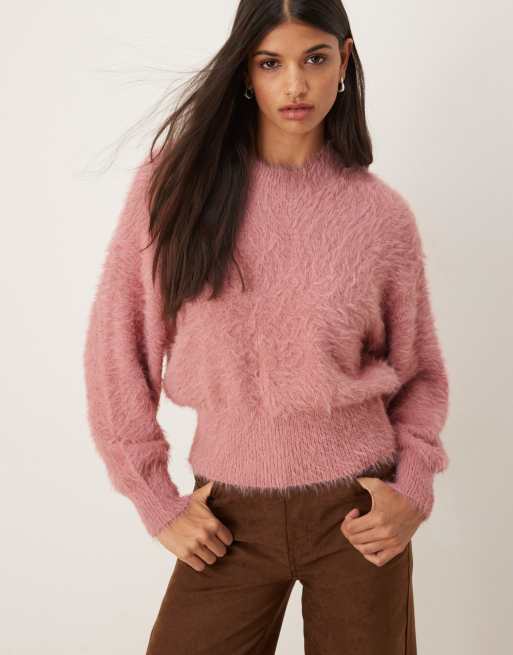 ASOS DESIGN - Harig gebreide getailleerde trui met ronde hals in roze, 4 van 4