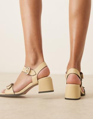 ASOS DESIGN HARLAND PREMIUM LEATHER BUCKLE DETAIL MID HEELED SHOES 