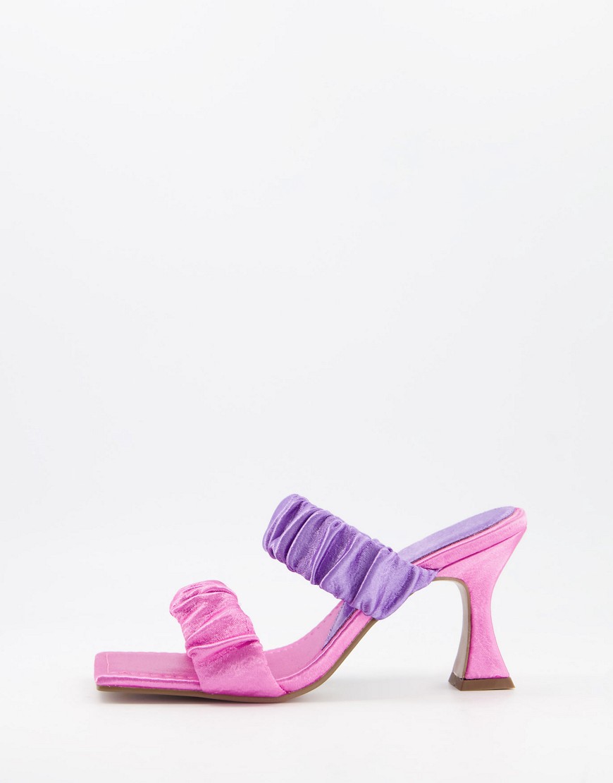 ASOS DESIGN Harling square toe ruched mid heel mules in pink and purple-Multi