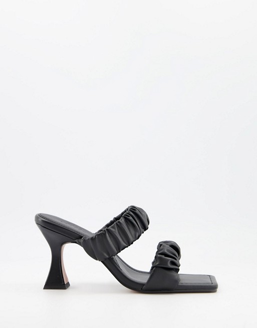ASOS DESIGN Harling square toe ruched mid heeled mules in black