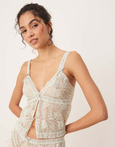 ASOS DESIGN Harlow ribbon slot cami in sage green - view 1