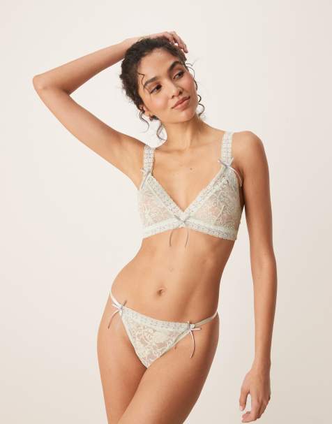 ASOS DESIGN Harlow ribbon slot lingerie thong in sage green - view 1