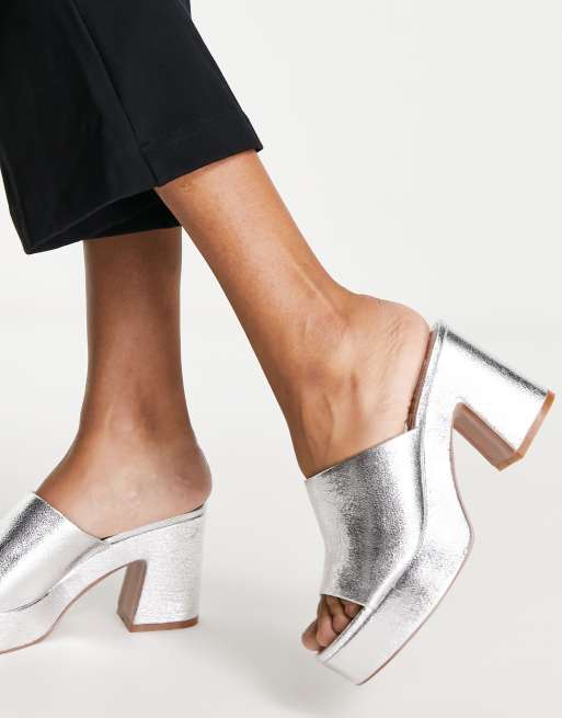 ASOS DESIGN Harmony mid heel platform mules in silver , 2 of 4