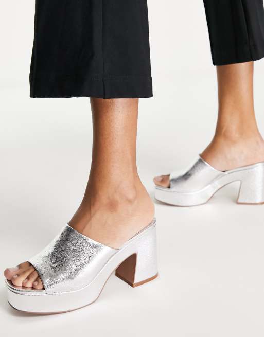 ASOS DESIGN Harmony mid heeled platform mules in silver , 3 of 4