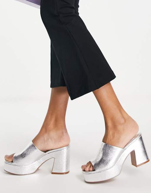 ASOS DESIGN Harmony mid heeled platform mules in silver , 4 of 4