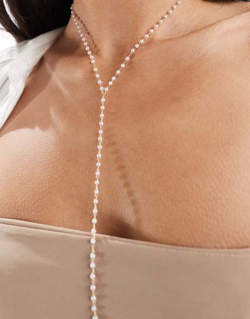 ASOS DESIGN harness with faux pearl chain in gold tone, 3 of 4