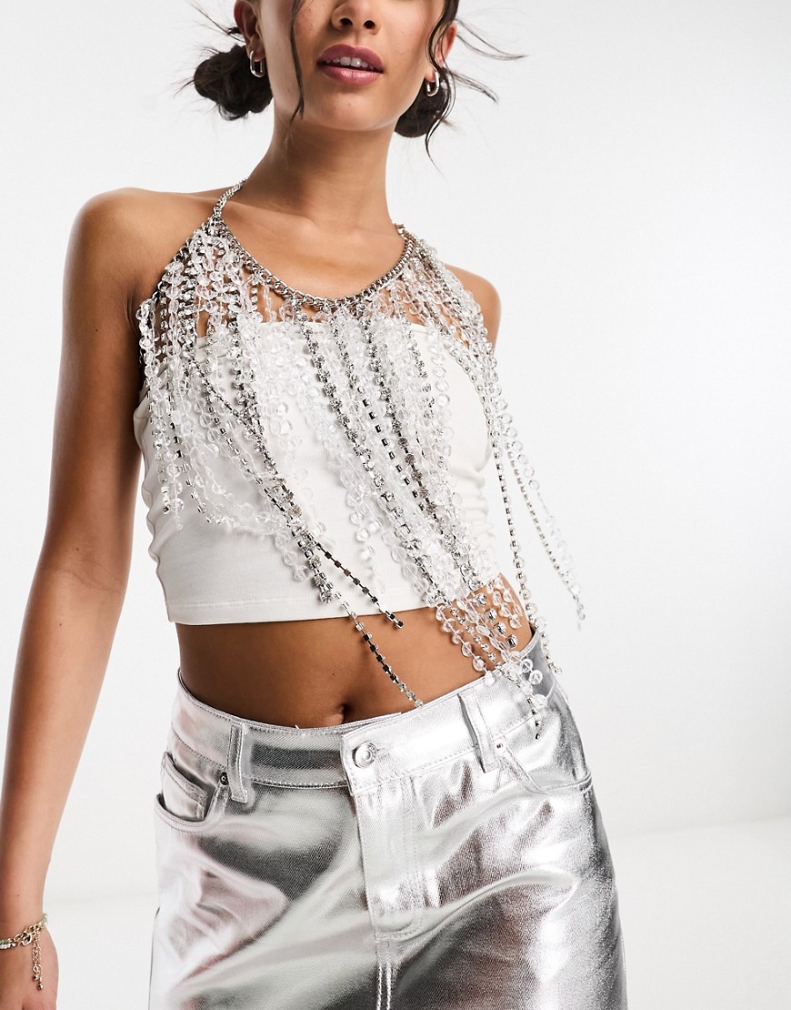 Asos Design Harness With Mixed Crystal And Bead Design-silver