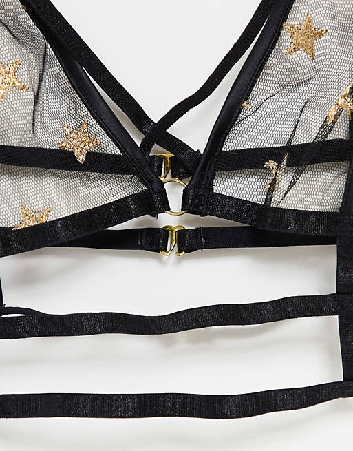  Harper embroidered star triangle bra with strapping in black 