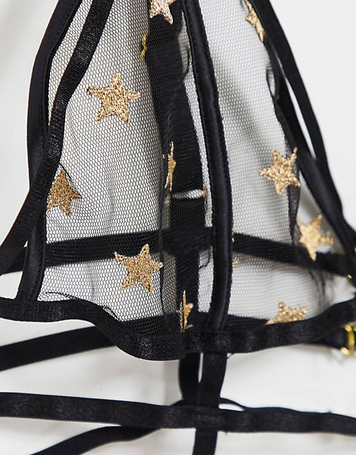  Harper embroidered star triangle bra with strapping in black 