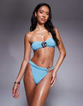[ASOS Curve] ASOS DESIGN Harriet bandeau bikini top with hammered silver trim in blue 14 Blue