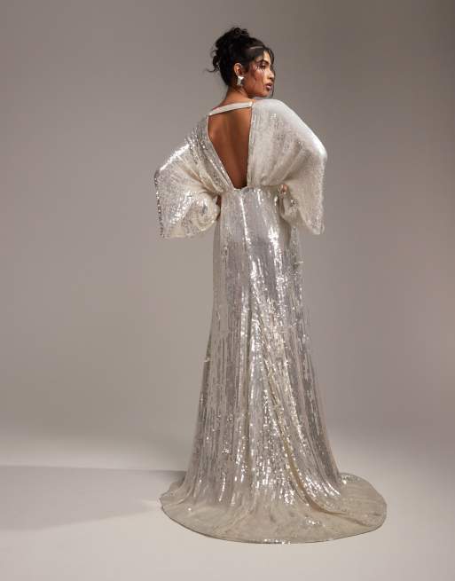 ASOS DESIGN - Harriet - Robe de mariée à sequins avec manches kimono et décolleté plongeant - Ivoire, 2 de 6