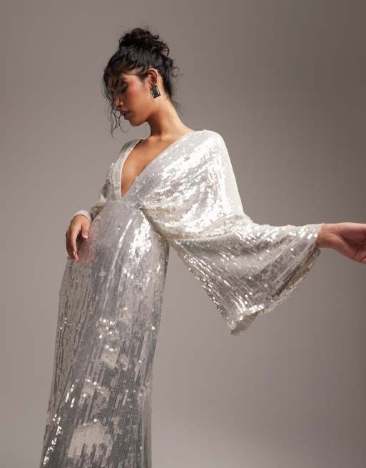 ASOS DESIGN - Harriet - Robe de mariée à sequins avec manches kimono et décolleté plongeant - Ivoire, 3 de 6