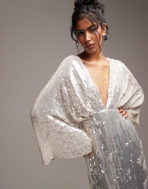 ASOS DESIGN - Harriet - Robe de mariée à sequins avec manches kimono et décolleté plongeant - Ivoire, 5 de 6