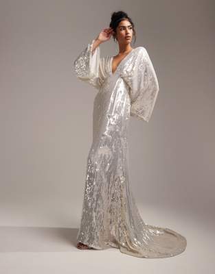 ASOS DESIGN Harriet sequin plunge kimono sleeve wedding dress in ivory