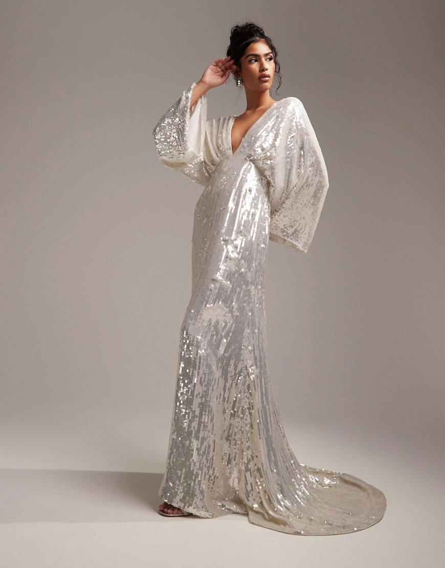 ASOS DESIGN Harriet sequin plunge kimono sleeve wedding dress in ivory-White