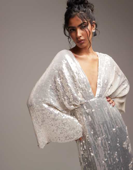 ASOS DESIGN Harriet sequin plunge kimono sleeve wedding dress in