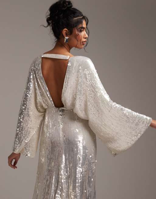 ASOS DESIGN Harriet sequin plunge kimono sleeve wedding dress in ivory