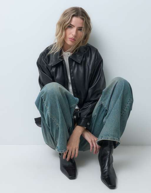 ASOS DESIGN Harrington-Bomberjacke in Lederoptik in Schwarz, 2 von 5