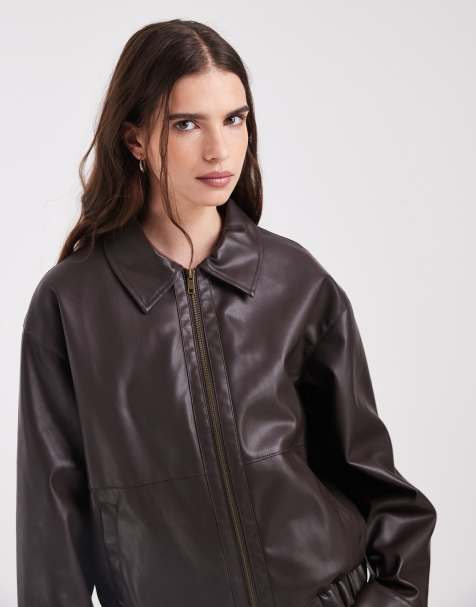 ASOS DESIGN Harrington-Bomberjacke in Lederoptik in verwaschenem Braun - view 1