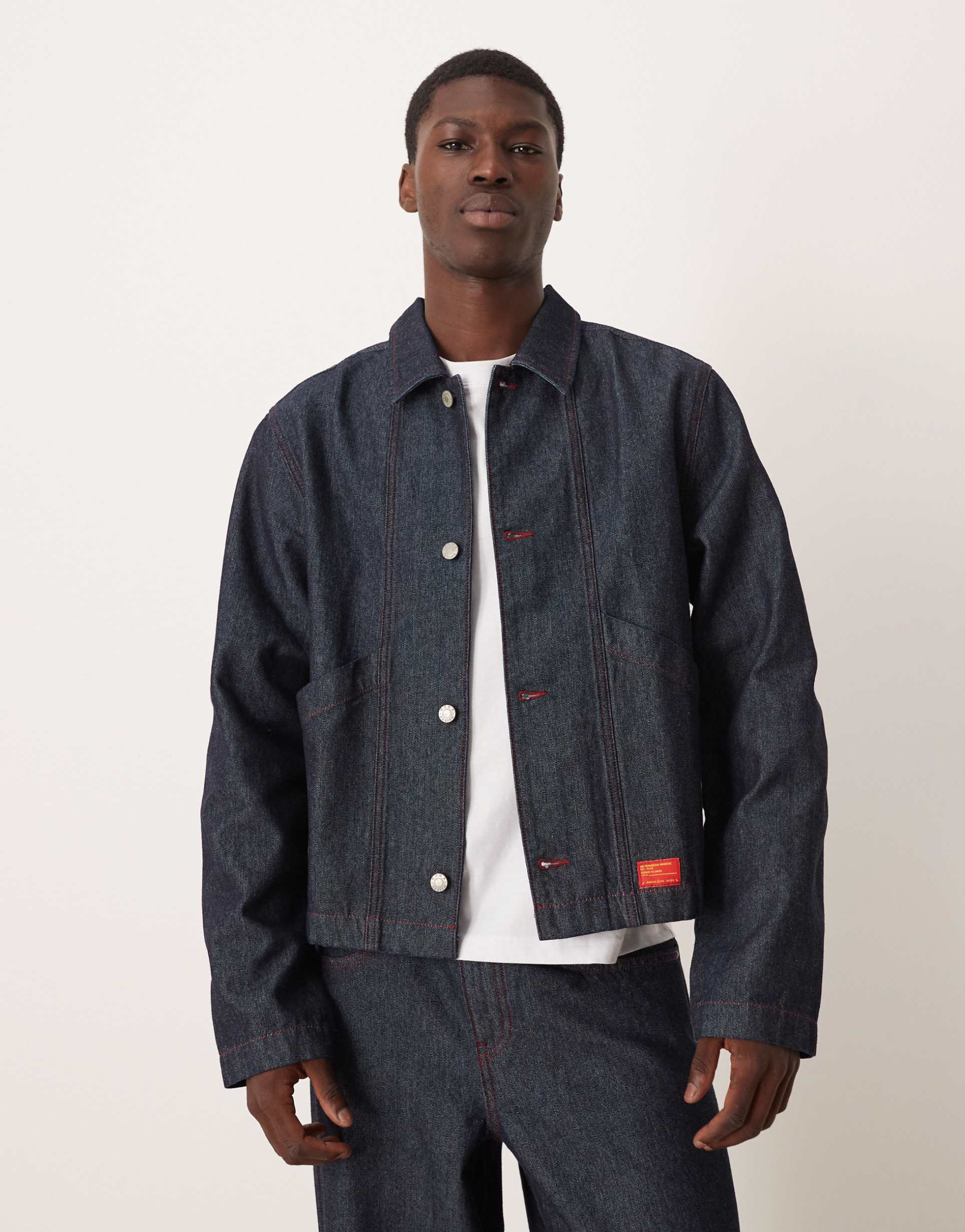 ASOS DESIGN harrington denim jacket in dark rinse wash with red stitch - part of a set