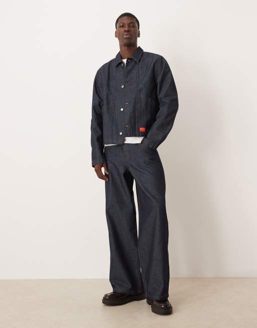 ASOS DESIGN harrington denim jacket in dark rinse wash with red stitch - part of a set