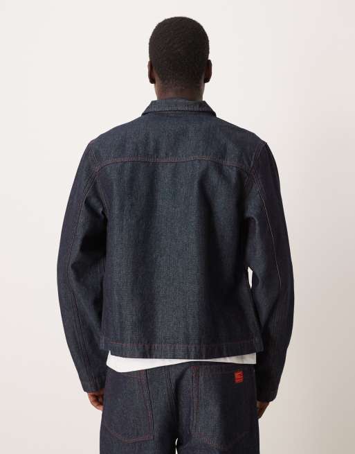 ASOS DESIGN harrington denim jacket in dark rinse wash with red stitch - part of a set , 3 of 5