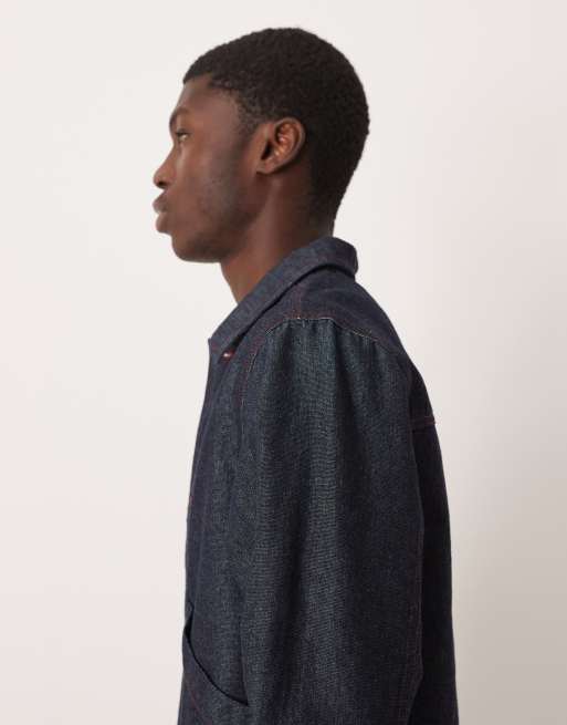 ASOS DESIGN harrington denim jacket in dark rinse wash with red stitch - part of a set