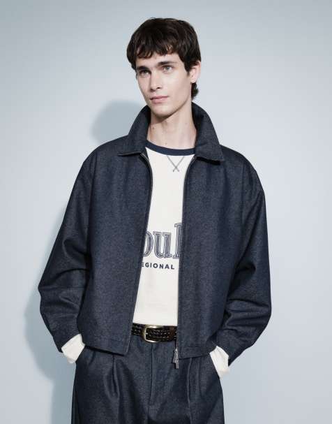 ASOS DESIGN Harrington denim look zip up smart jacket in navy - part of a set - view 1