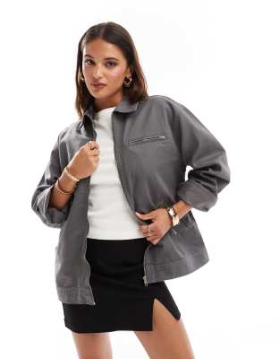 ASOS DESIGN - Harrington-Hemdjacke aus Twill in Grau-Neutral