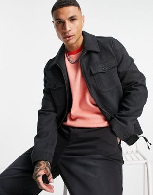 ASOS DESIGN – Harrington-Hemdjacke aus Wollmischung in Grau