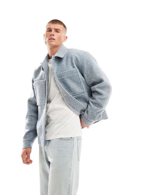ASOS DESIGN – Harrington-Hemdjacke in Wolloptik in Blau