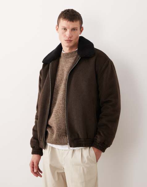 ASOS DESIGN harrington in wool look with borg collar in brown - view 1