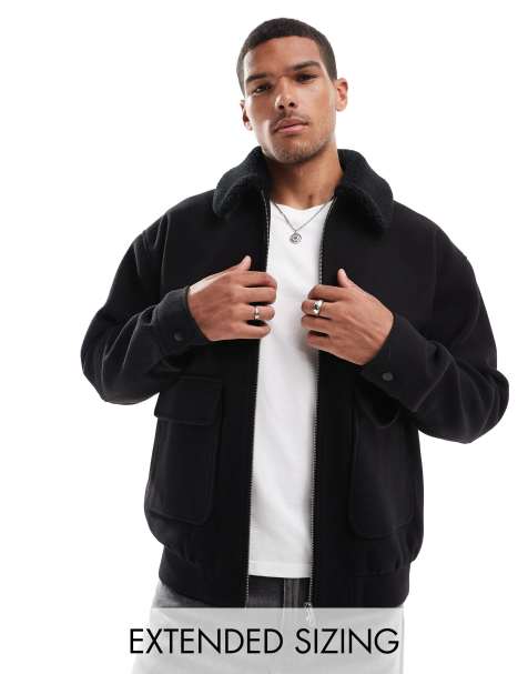 ASOS DESIGN - Harrington jack met borgkraag van wolachtige stof in zwart - view 1