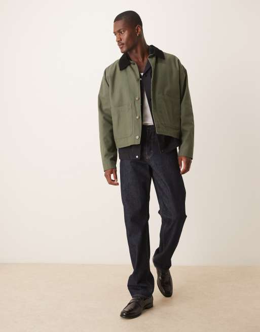 ASOS DESIGN - Harrington jack met corduroy kraagje in kaki met wassing, 2 van 4