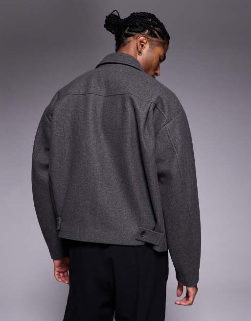 ASOS DESIGN - Harrington jack met wollook en rechte pasvorm in antracietgrijs, 3 van 5