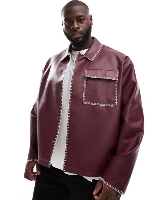 ASOS DESIGN - Harrington jack van imitatieleer met contrasterende stiksels in bordeauxrood, 2 van 4