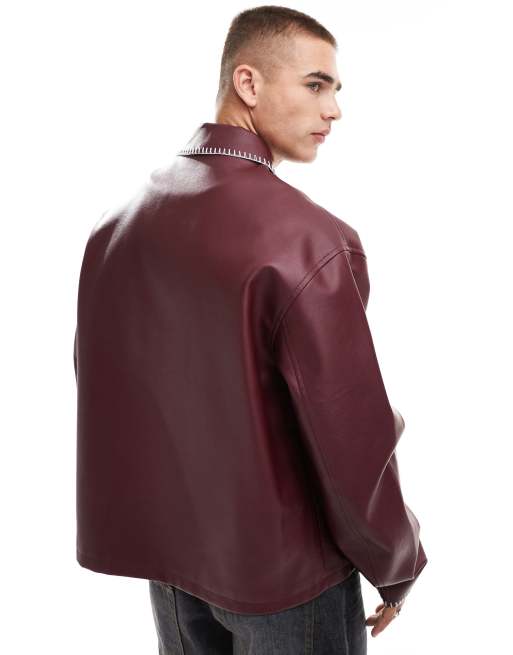 ASOS DESIGN - Harrington jack van imitatieleer met contrasterende stiksels in bordeauxrood, 3 van 4