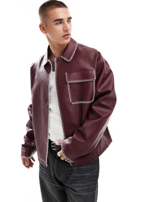 ASOS DESIGN - Harrington jack van imitatieleer met contrasterende stiksels in bordeauxrood, 4 van 4
