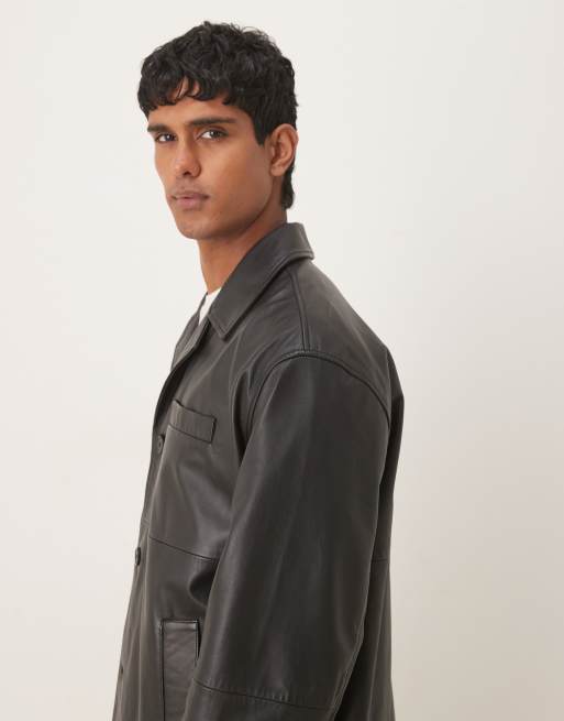 ASOS DESIGN – Harrington-Jacke aus echtem Leder in Schwarz, 4 von 5