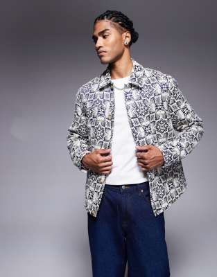 ASOS DESIGN – Harrington-Jacke aus Häkelware mit Jacquard-Muster in Steinbeige - view 1