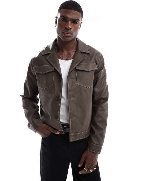 ASOS DESIGN – Harrington-Jacke aus Kunstleder in Braun mit Kontrastnaht - view 1