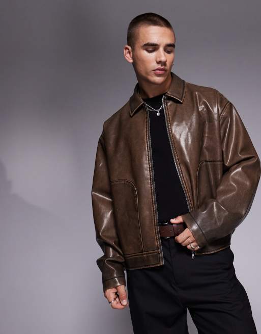 ASOS DESIGN – Harrington-Jacke aus Kunstleder in verwaschenem Braun mit kastigem Oversize-Schnitt