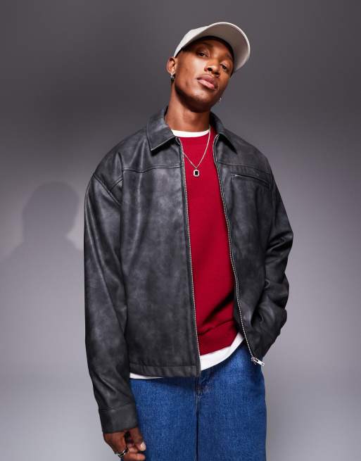 ASOS DESIGN – Harrington-Jacke aus Kunstleder in verwaschenem Schwarz mit Oversize-Passform