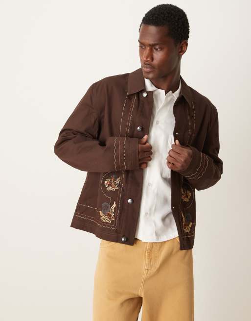 ASOS DESIGN Harrington Jacke in Braun mit Stickerei