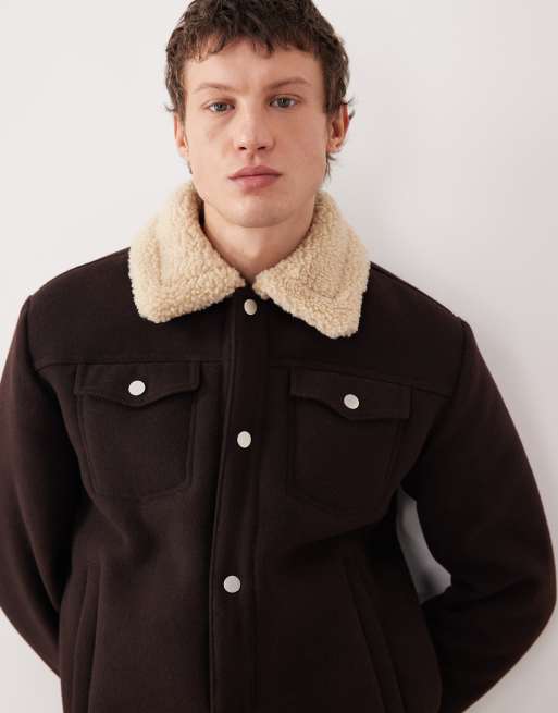 ASOS DESIGN – Harrington-Jacke in brauner Wolloptik mit Teddyfell-Futter im Relaxed-Fit, 5 von 5
