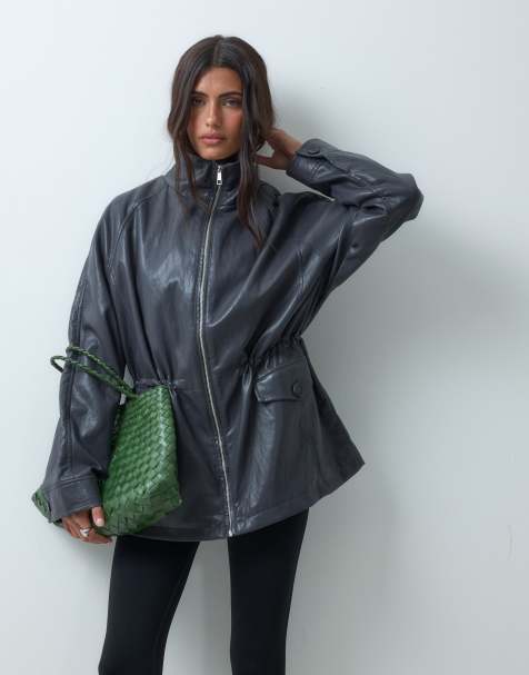 ASOS DESIGN Harrington-Jacke in Lederoptik mit tailliertem Bund in Dunkelblau - view 1